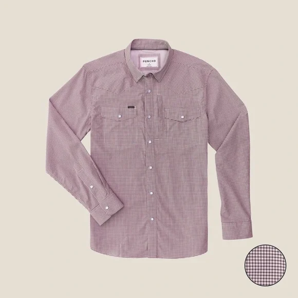 PONCHO Men's Long-Sleeve Pearl Snap Shirt in Maroon Microcheck - Picture 11 of 12